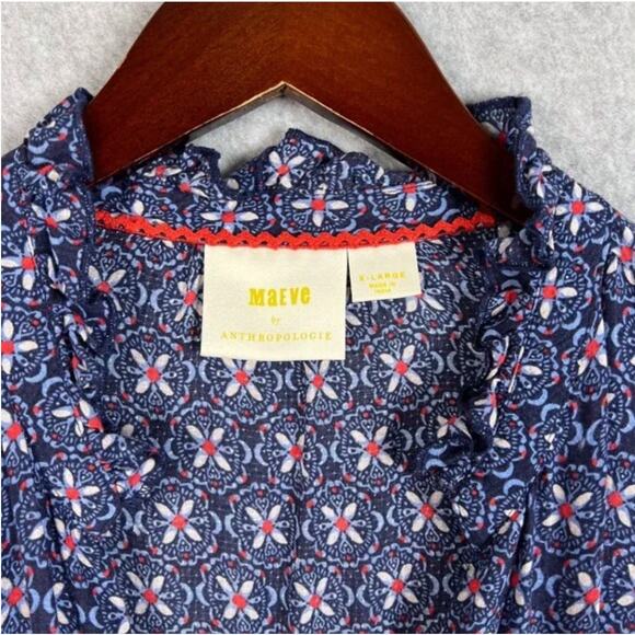 Anthropologie Maeve Sz XL Blue Floral Long Sleeve Ruffle Neck Tiered Maxi Dress8 - Picture 7 of 11